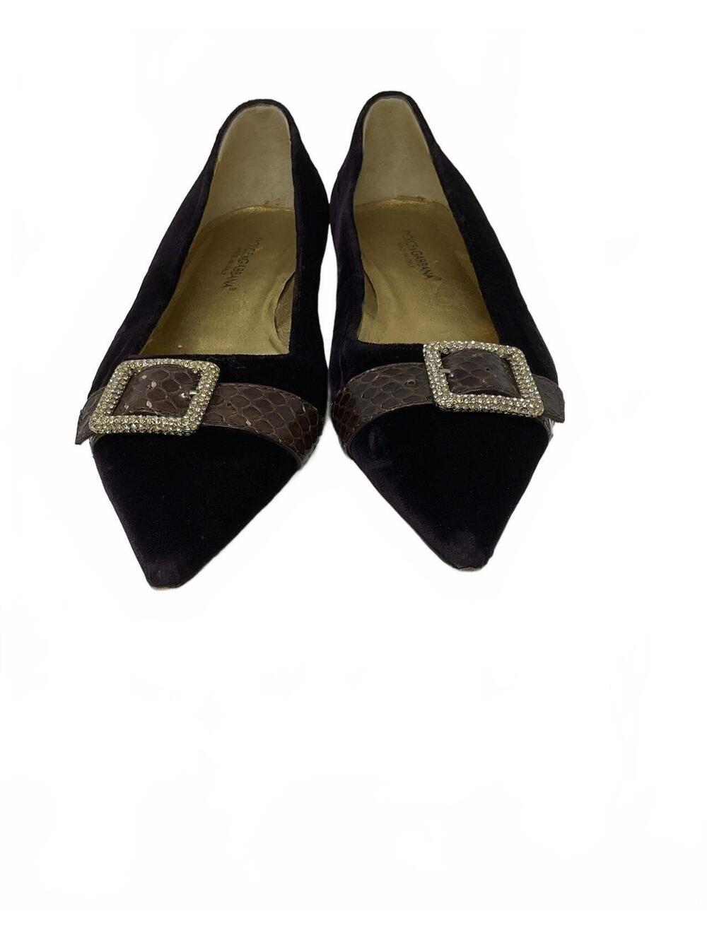 Dolce & Gabbana Purple Velvet Pointed Toe Flats Jewel Buckle Accent Size 7.5